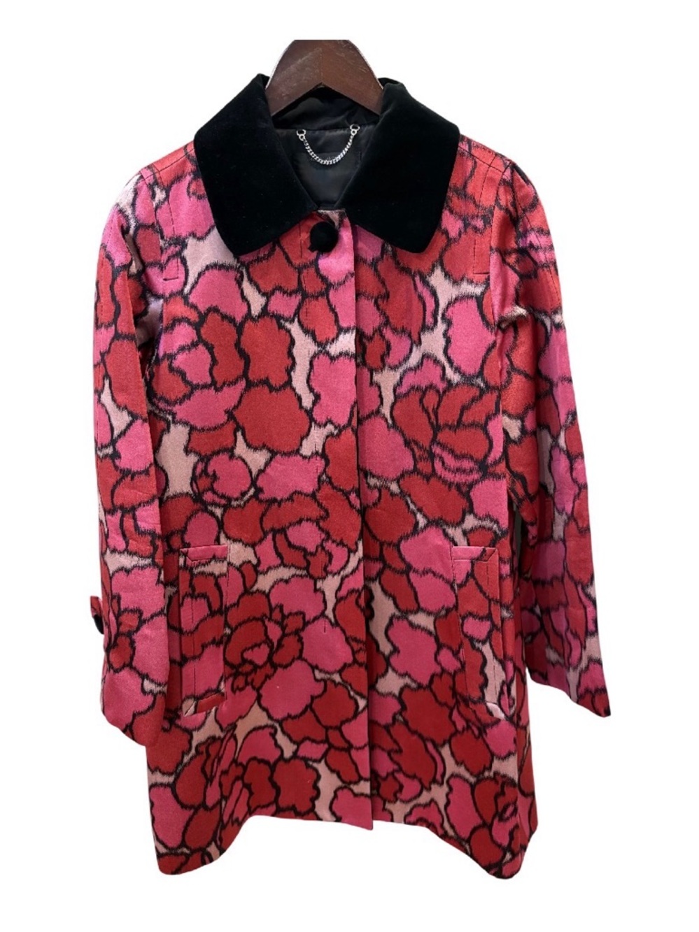 Marc Jacobs 100% Silk Pink & Red Floral Resort Trench Coat Jacket Velvet Trim